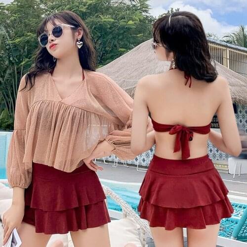 2021 New Bikini Solid Swimsuit Biquini Feminino Swimwear Lace Up Bikini Set Bathing Suit Women Bikinis Three Piece Swimskirt