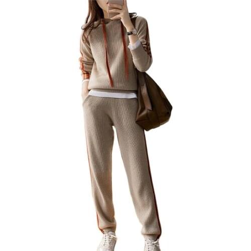 Casual knitted suit 2021 autumn and winter hooded sweater + high waist slim trousers two-piece fashion womens clothing