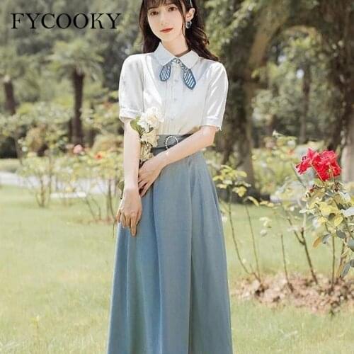 French Vintage Bandage Skirt Suit Women 2021 New Summer Casual Fashion Chiffon Bow Shirts Two-piece Sets Female