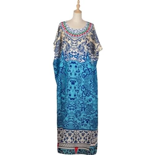 Women Boho Oversized Tunic Dress Floral Leaves Print Long Kaftan O-Neck Batwing Short Sleeve Kimono Gown Beach Dress