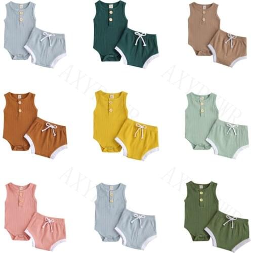 0-24M Infant Baby Clothes Newborn Toddler Boys Girls Sleeveless Button Bodysuits Elastic Pants 2PCS Ribbed Knitted Clothing Sets