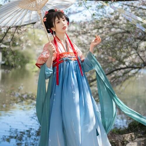 2021 New Improved Hanfu Suit Han Tang Song Dynasty Ancient Clothes For Women Adult Chinese Classical Dance Stage Dress DQL5601