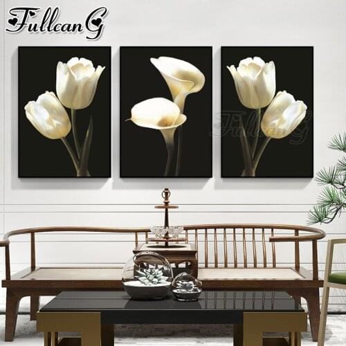 FULLCANG 5d diy diamond embroidery white flower tulip diamond painting triptych full square round drill home decor FC2874