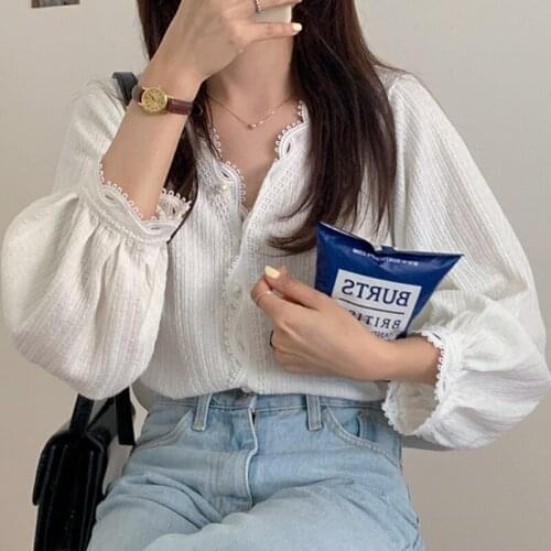 Blusas 2021 Autumn Lace Shirt Sexy Pearl Button V-neck Shirt Female Korean Fashion Design Blouse All-match Shirts Tops 16854