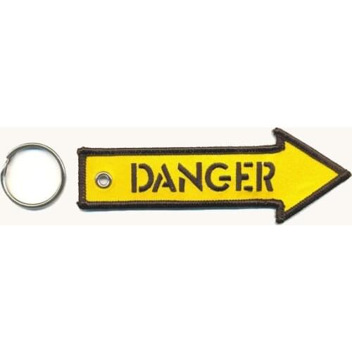 DANGER Embroidery Keychain Made by Twill 12.5 x 2.5cm with Metal Ring Embroidered Logo on the Fron&Back MOQ100pcs free shipping