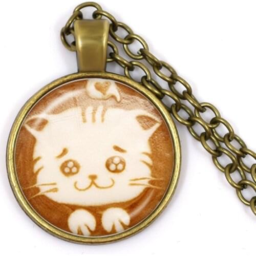 Coffee Latte Carving Chocolate Printing Cat Glass Cabochon Necklace Love Heart Flower Clover Snowflake Charm Jewelry For Women