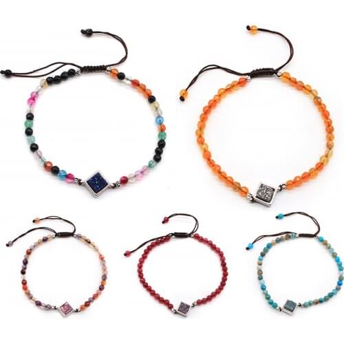 Cute Mini Stone Crystal Stone Knitted Wrap Adjustable Bracelet with Square Shape Quartz Charms Bracelet Jewelry For Women/Men