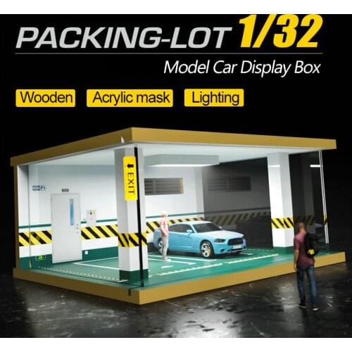 1/32 Simulation Car Garage Model Solid Wood Car Park Model Scene Acrylic Display Box Light Ornaments Decoration Parking Lot