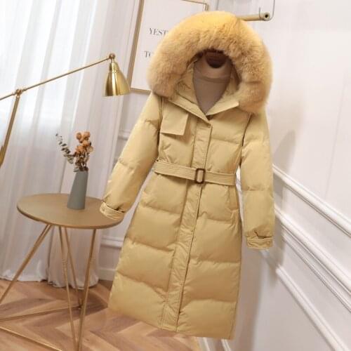 Fashion Casual Adjustable Waist Hooded Warm Women Winter Down Parkas Big Fur Collar Down Jackets Long Slim White Duck Down Coat
