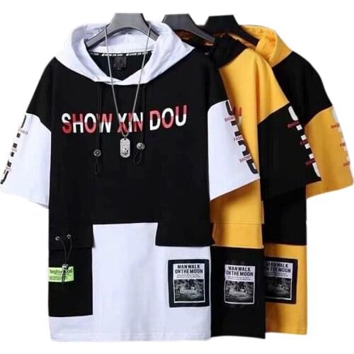 Mens Hooded T-Shirts Korean Fashion Short Sleeve T Shirts Men Streetwear Harajuku Gothic Pullover Hip Hop Sweatshirt Casual Top