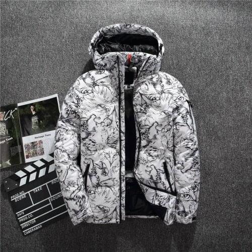 Mens Casual Down Jacket 2020 Winter New Boutique White Duck Down Thick Warm Fashion Print Mens Slim Hooded White Black Down Coat
