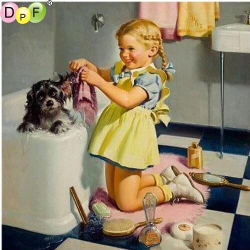 DPF DIY Bathe the dog 5D diamond mosaic kit square home decor diamond embroidery crafts diamond painting cross stitch needlework