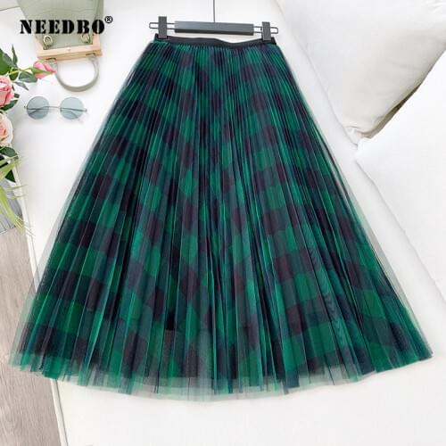 NEEDBO Fashion Tulle Skirts Women Plaid Pleated Skirt Midi Gradient Mesh Women Skirt Elegant 2020 Tutu Skirt Women Jupe Femme
