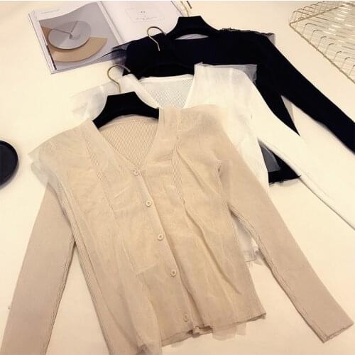 2018 autumn New Female knit stitching mesh sweaters womens V-neck long sleeve ruffles cardigans Sweater Women elegant Knitwear