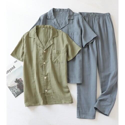Pajamas Mens Summer Thin Cotton Short Sleeve Long Pants Elastic Waist Two Piece Set Cotton Gauze Loose Home Suit Sleepwear