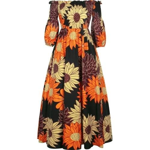 African Ankara Floral Print Womens Autumn Party Long Dress Elastic Slash Neck Half Sleeve Fashion Sexy Maxi Dress Mujer Vestido