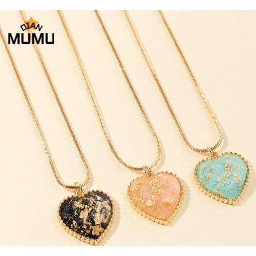 Simple Girls Necklaces Female New Fashion Long Gold Foil Heart Style Pendant Retro Colorful Alloy Necklace For Women Jewelry