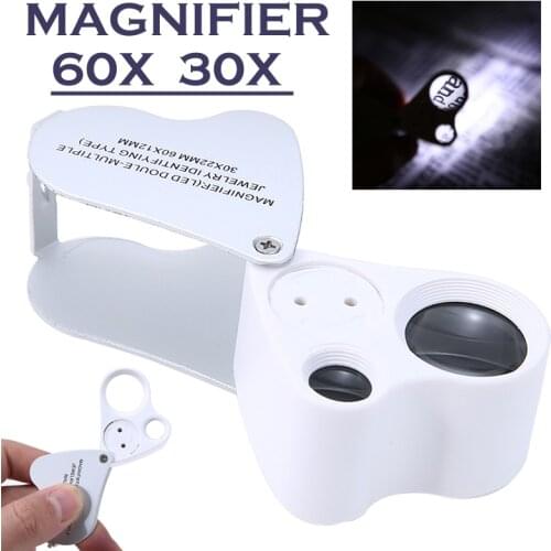 30X 60X Folding Jewelry Eye Loupe Magnifier LED Light Pocket Size Glass Lens Magnifying Tool Diamond Gold Magnification