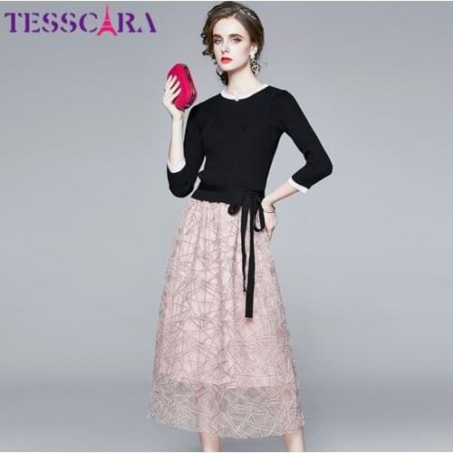 TESSCARA Women Autumn Luxury Embroidery Pink Mesh Dress Festa High Quality Wedding Party Robe Femme Vintage Designer Vestidos