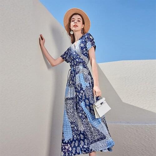 V neck blue retro floral maxi dress women femme 2020 summer long work boho beach office sexy party luxury dresses plus size