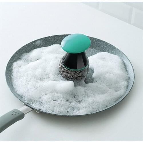 High Quality Cleaning Brush Kitchen Stainless Steel Wire Ball Cleaner Remove Stains Pan Dishes Clean Brush with Plastic Handle
