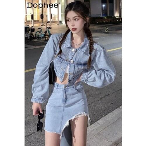 2021 Spring New Denim Suit Loose BF Style Short Coat High Waist Irregular A-line Skirt Elegant Fashion Two-Piece Set for Women