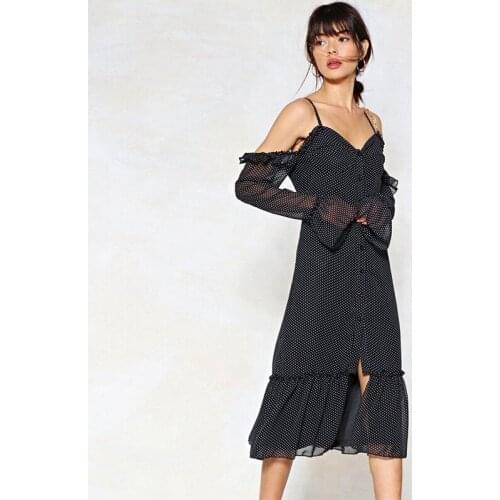 Sexy Watch Out Machine Shoulder Single Breasted Auricular Hem Pleated Sexy Sling Polka Dot Dress Female