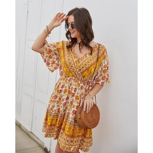 Plus Size Ladies Dress Europe And America Print Dress V-neck Skirt Summer Clothes For Women