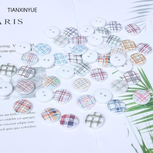 100 pcs multicolor grid button, Print 2 Holes Wooden Buttons 15mm Sewing Scrapbooking Crafts,Clothing accessories