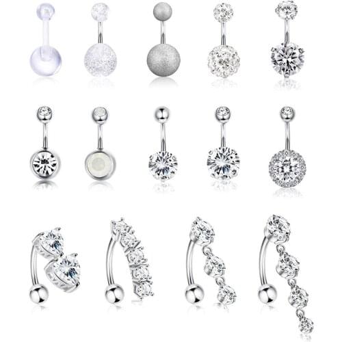 14Pcs Stainless Steel Belly Button Rings for Women Girls Reverse Navel Rings Curved Barbell CZ Body Piercing Jewelry 14G