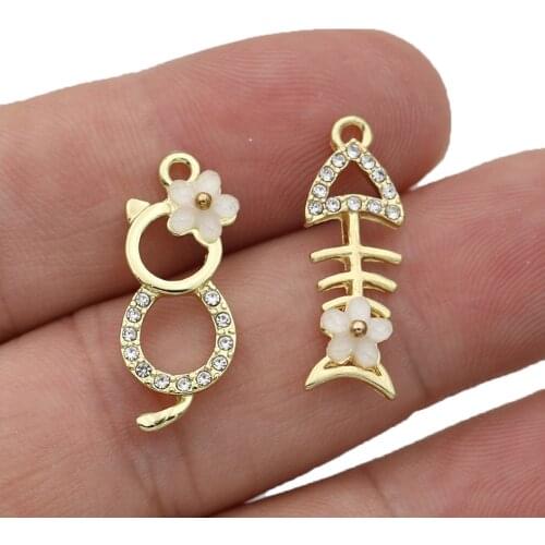 5PCS Gold Color Crystal Cat Fish Charms Pendants for Jewelry Making Necklace DIY Earrings Handmade Craft