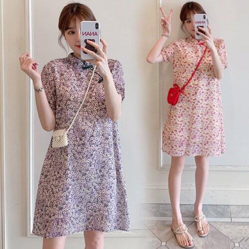 8086# Maternity Clothes Summer Chiffon Flower Printing Loose Stylish Dress for Pregnant Women Pregnancy Clothes
