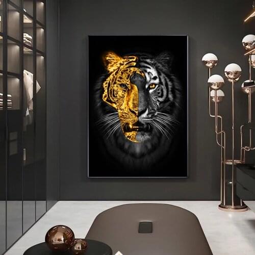 Abstract Gold Black Tiger Canvas Paintings Animals Art Posters and Print Modern Wall Art Picture for Living Room Home Decoration