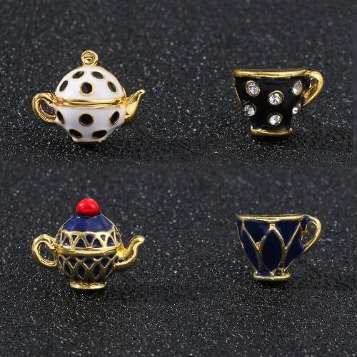 Grape Mini Asymmetrical Handmade Enamel Glaze Stud Earrings Blue Teapot Teacup Earrings Cup Needle Stud Earrings