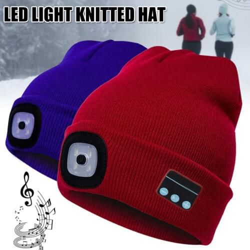 Bluetooth Beanie Hat with LED Headlight Lighted Beanie Cap Rechargeable with Wireless Bluetooth Winter Warm Knit Hat LXH