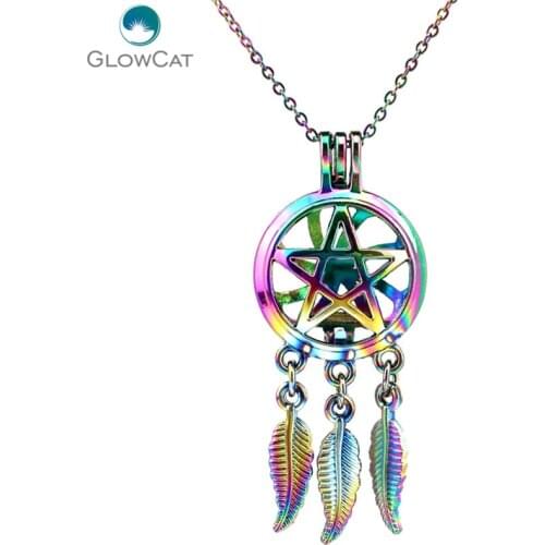 C729 Rainbow Color Beaty Dream Catcher Pentagram leaf Cage Pendant Aroma Essential Oil Diffuser Locket Necklace