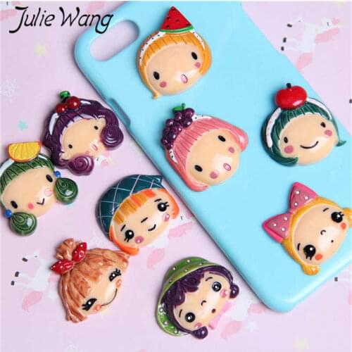 Julie Wang 8PCS Mixed Resin Cartoon Fruit Girl Avatar Charms Flatback Pendants Jewelry Making Accessory Home Phone Decor
