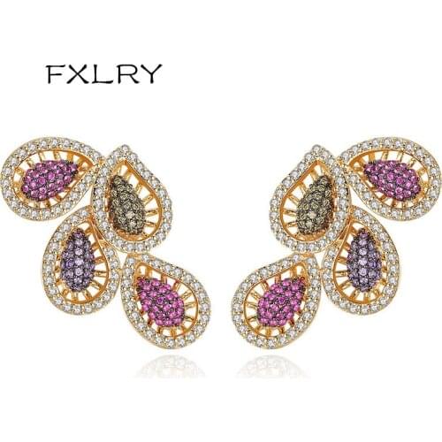 FXLRY New Design Elegant White Color Cubic Zircon Geometric Feathery Shape Earrings Fashion Wedding Costume Jewelry Gift