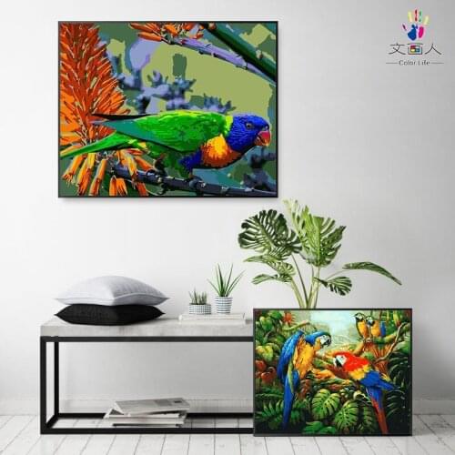 Paint by number art painting Parrot family hand-painted color oil painting Living room bedroom Decorative paintings