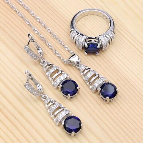 925 Sterling Silver Jewelry Sets For Women Blue Cubic Zirconia Party Accessories Pendant Necklace Ring Earrings Set