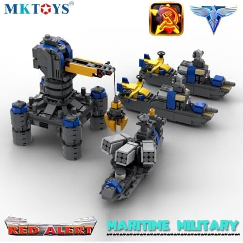 Red Military Alert Yuri Allied Naval Destroyer Building Bricks WW2 Weapon Creator Army Aegis Cruiser MOC Model Toys For Boys