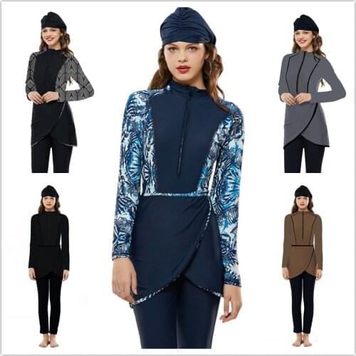 4 Pieces Slim Swimsuit Conservative Large Size Solid Color Hijab Swimsuit Muslim Swimwear Swimming Suit for Women Long Sleeve
