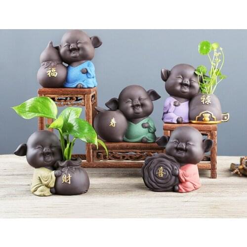 Cute Piggy Statue Tea Figurine Desktop Flower Pot Ornament Handmade Tea Set Accessories Crafts Boutique Purple Clay Tea Pet