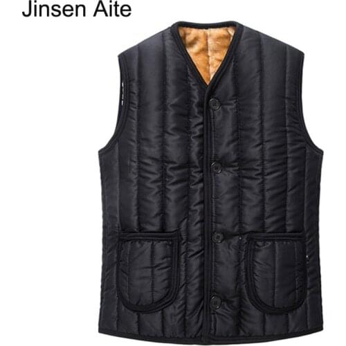 Jinsen Aite Hot Sale Plus Size 4XL Man Vest Autumn Winter Cotton Padded Men Vests Thick Warm Wool Line Outdoors Waistcoat JS403