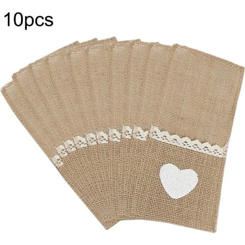 10pcs Natural Jute Cutlery Knives and Forks Cutlery Set Silverware Bag Holder Burlap & Lace Party Wedding Decor
