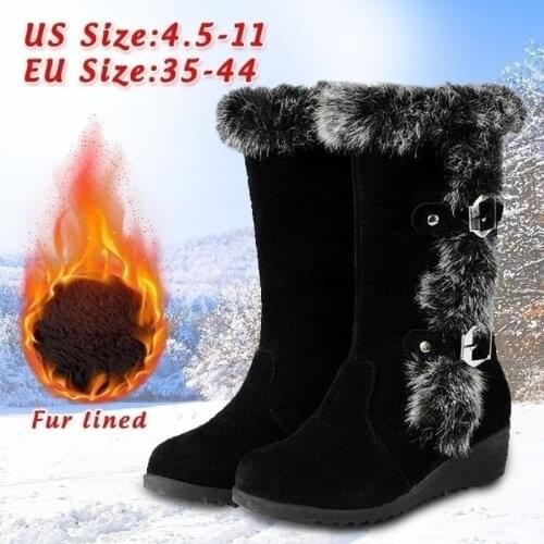 New Winter Women Boots Casual Warm Fur Mid-Calf Boots Shoes Women Slip-On Round Toe Wedges Snow Boots Shoes Muje Plus Size 44