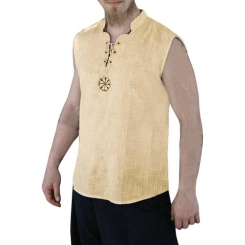 New Mens Casual Street Sleeveless Shirts 2020 Spring Summer Light Thin Men Cotton Linen Crew-Neck Drawstring T-shirt Top Stylish