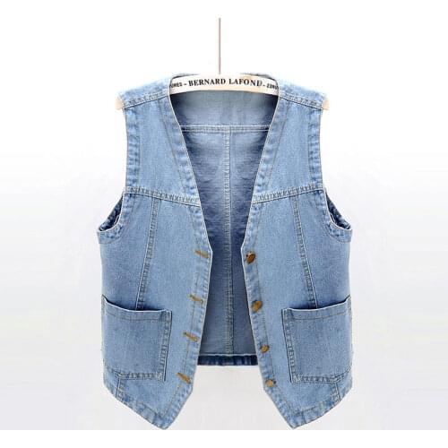 Autumn Plus Size Denim Vest Jacket Women Casual Sleeveless V-neck Single Breasted Cowboy Jean Coat Vintage Woman Outwear Z504