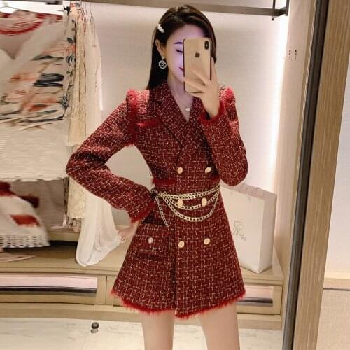 Spring Fall Vintage Red Tweed Plaid Coat Gold Double Breasted Long Jacket Woolen Suit Tops Outerwear With Chain Belt Bag