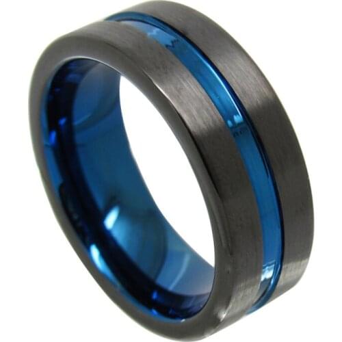 Casual 8mm Width Black Tungsten Wedding Rings Band with Thin Blue Groove for Men High Polished Comfort Fit Customize Engraving